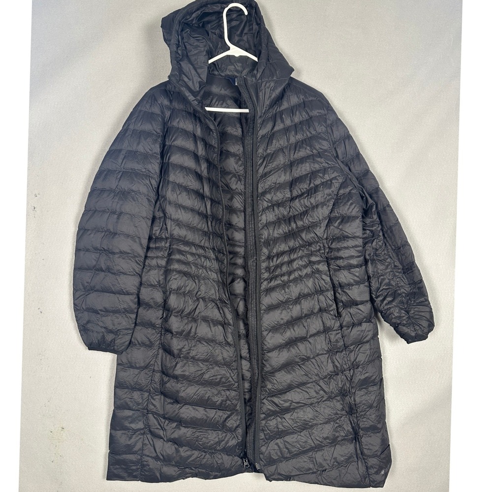 Lands End Puffer Coat Womens Large Petite 14-16 Long Quilted Black Hooded Down